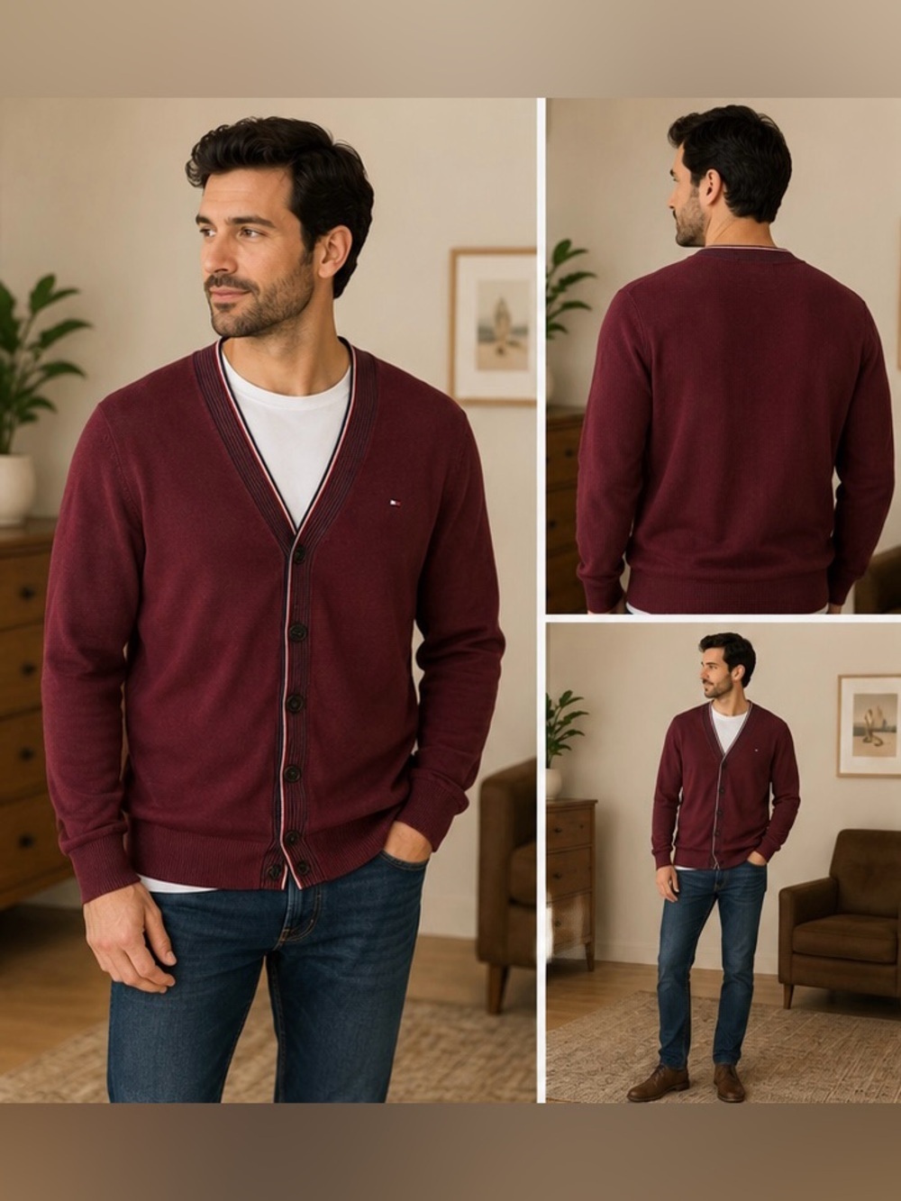 Tommy Hilfiger Burgundy V-Neck Cardigan Sweater Men's Medium